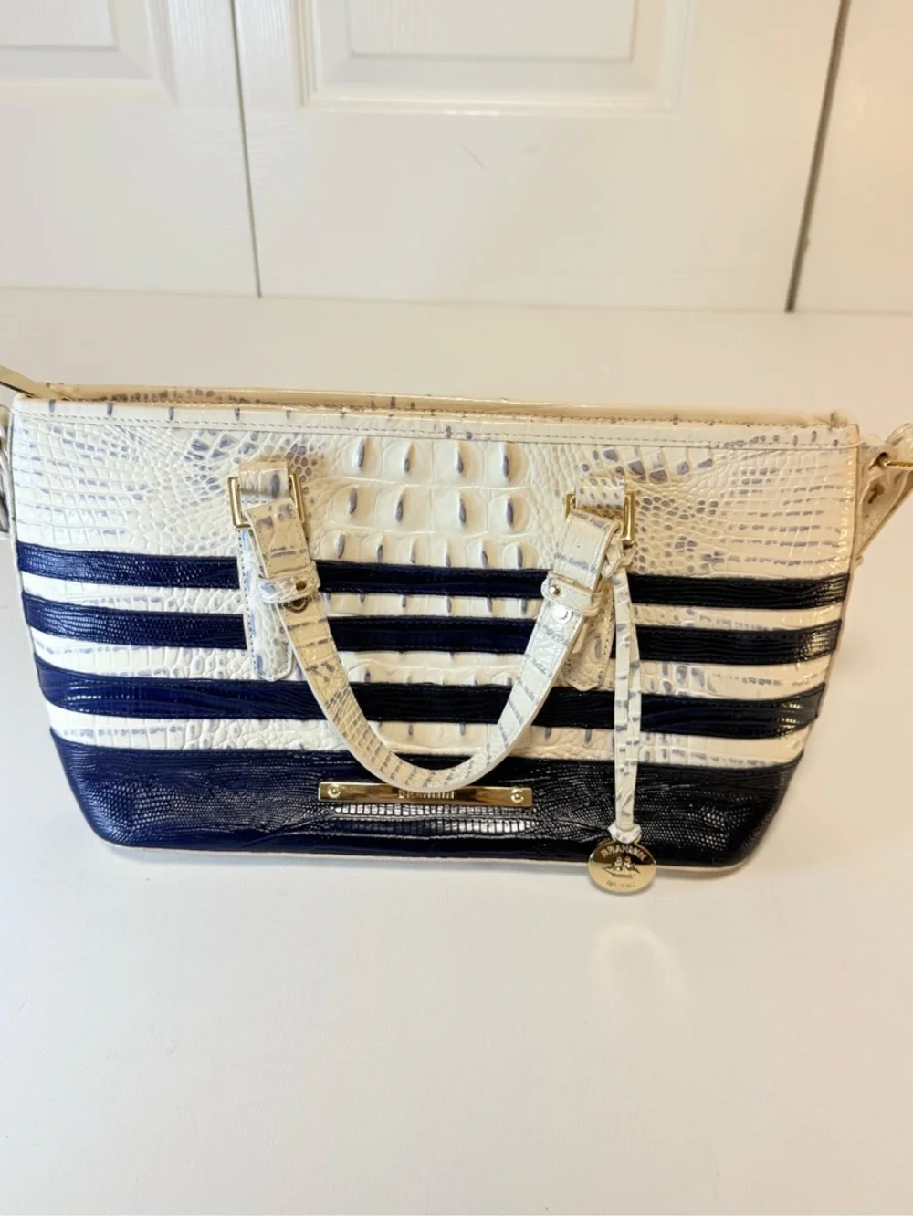 Brahmin Mini Asher Corsica Vineyard Navy Striped Croc Leather Satchel